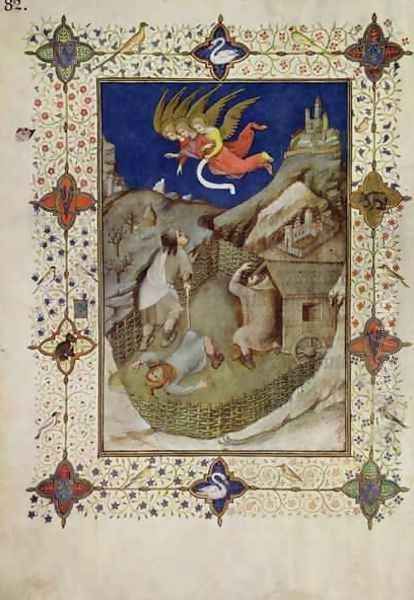 Hours of Notre Dame Tierce The angels appearing to the shepherds from the Tres Riches Heures du Duc de Berry Oil Painting by Jacquemart De Hesdin