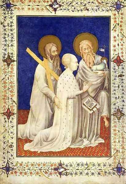 John Duc de Berry on his knees between St Andrew and St John French from the Tres Riches Heures du Duc de Berry Oil Painting by Jacquemart De Hesdin