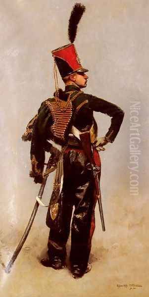 A Rank Soldier of the 7th Hussar Regiment Oil Painting by Jean Baptiste Edouard Detaille