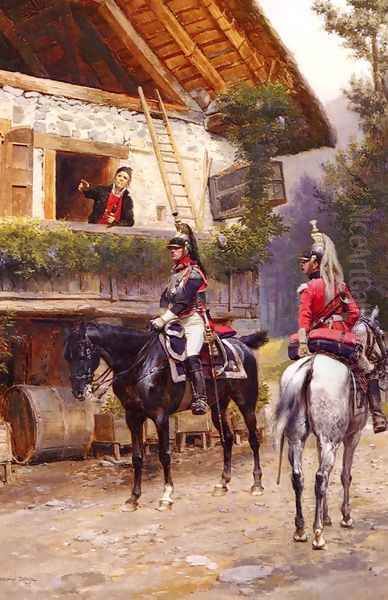 Officers from a Cuirassier Regiment in front of a Country House Oil Painting by Jean Baptiste Edouard Detaille