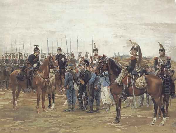 A French Cavalry Officer Guarding Captured Bavarian Soldiers Oil Painting by Jean Baptiste Edouard Detaille