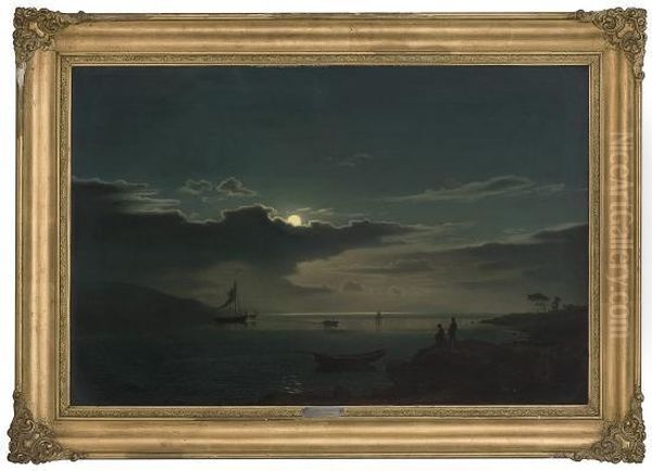 Coastal Landscape In Moonlight Oil Painting by Amaldus Clarin Nielsen