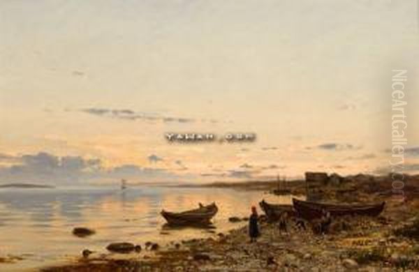 Aftenstemning Med Ventende Barn I Fjaera Oil Painting by Amaldus Clarin Nielsen