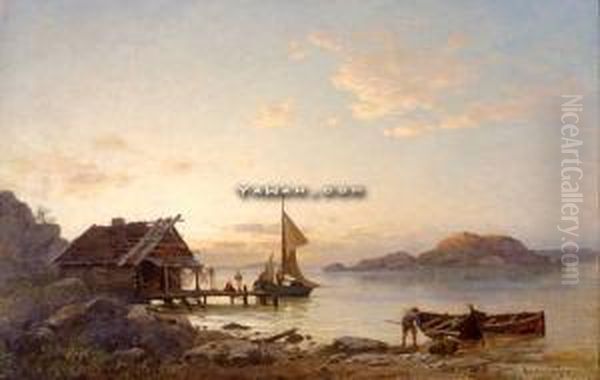 Aften Ved Kysten Olje Pa Lerret Oil Painting by Amaldus Clarin Nielsen