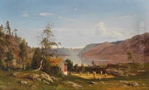 Fjordlandskap Med Hoystakker 1870 Oil Painting by Amaldus Clarin Nielsen