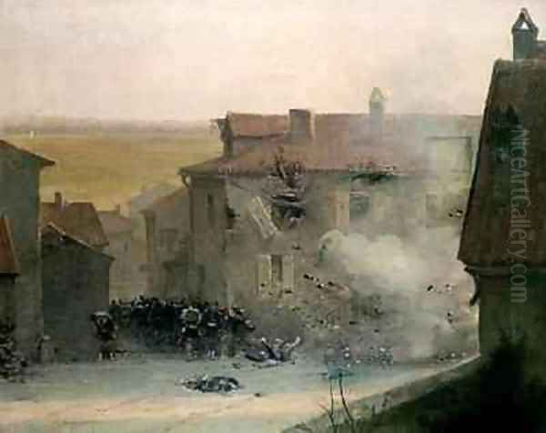 A War torn Village Oil Painting by Jean Baptiste Edouard Detaille