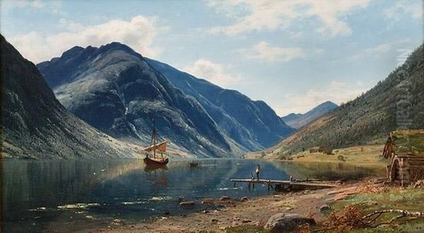 Fjordlandskap Med Folkeliv 1883 Oil Painting by Amaldus Clarin Nielsen