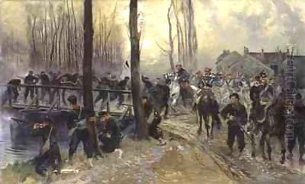 Ambush near a Bridge Defended by Troops Early Morning Oil Painting by Jean Baptiste Edouard Detaille