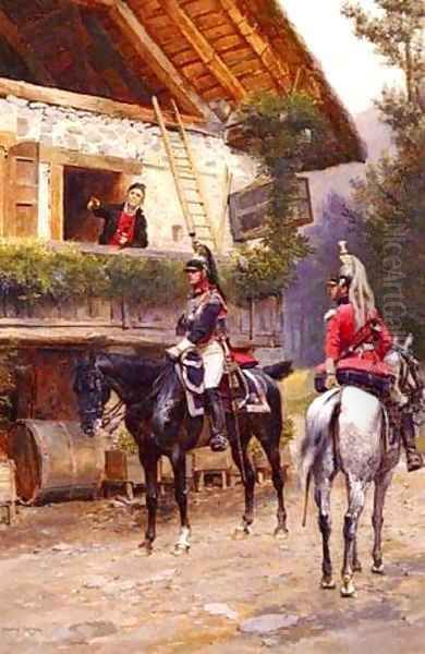 Mounted First Empire Dragoons Oil Painting by Jean Baptiste Edouard Detaille