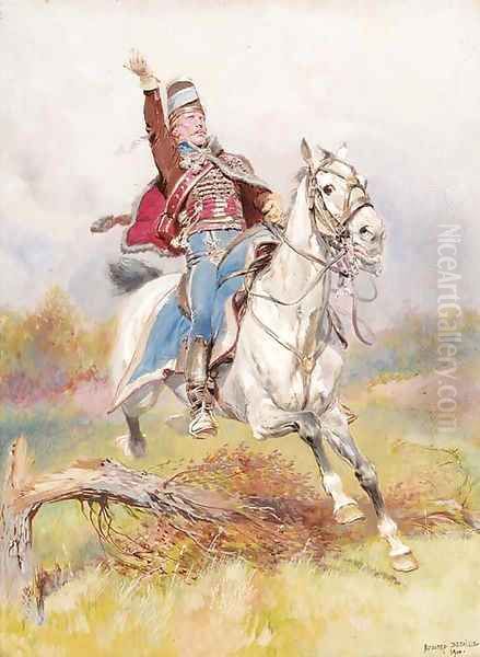 A French cavalryman on horseback Oil Painting by Jean Baptiste Edouard Detaille