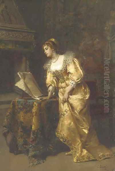 An Elegant Lady reading Music Oil Painting by Cesare-Auguste Detti