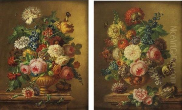 Still Life With Flowers In Stone Urns: A Pair Of Paintings Oil Painting by Joseph Nigg