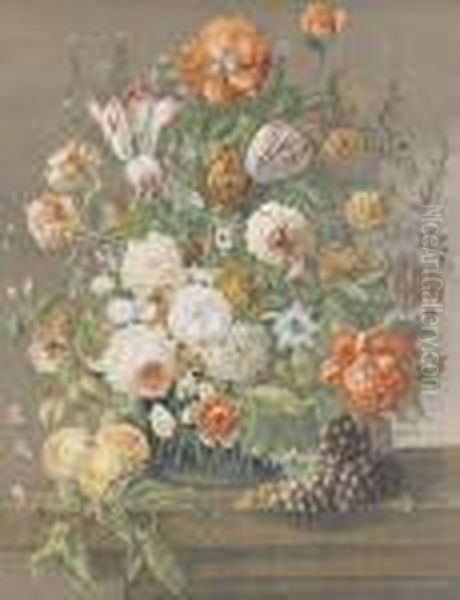 Blumenstillleben Mit Fruchten Und Insekten. Oil Painting by Joseph Nigg