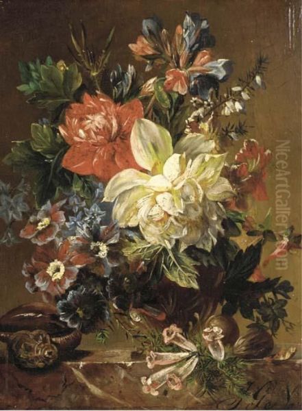 Flowers In A Vase, A Snail And A Nut On A Stone Ledge Oil Painting by Joseph Nigg