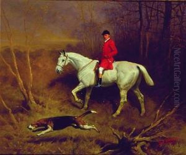 Huntsman On White Horse With Dog Oil Painting by Basil Nightingale