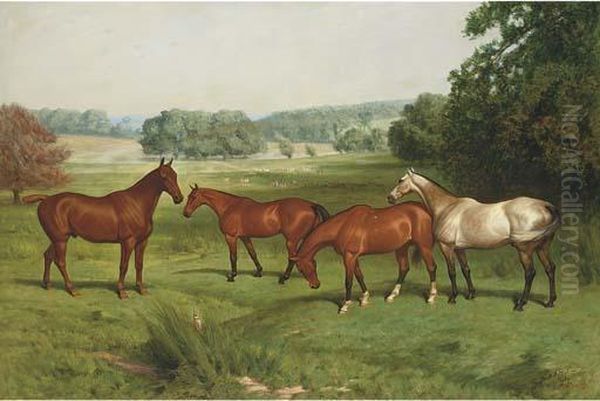 Four Hunters In A Parkland Landscape With Fallow Deer Beyond Oil Painting by Basil Nightingale