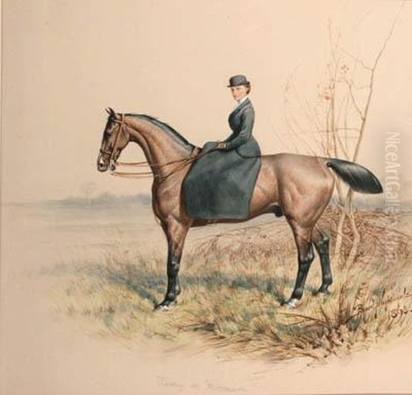 A Lady Riding A Bay Hunter Side Saddle Oil Painting by Basil Nightingale