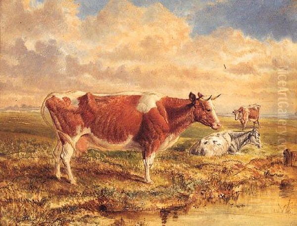 Cattle Resting In An Extensive River Landscape Oil Painting by Basil Nightingale