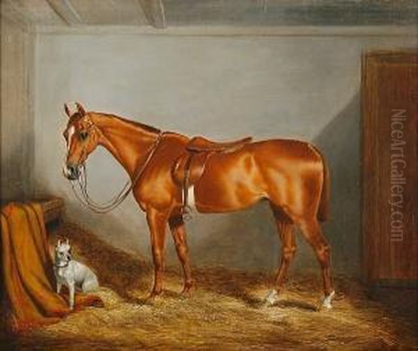 A Chestnut Horse And A White Terrier In A Stable Interior Oil Painting by Robert Nightingale