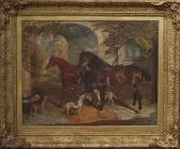 A Groom With Two Hunters And Dogs Before An Archway Oil Painting by Robert Nightingale