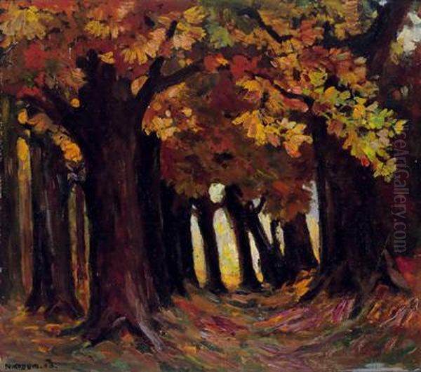 Waldweg Im Herbst, Signiert, Datiert Nikodem 08 Oil Painting by Arthur Nikodem