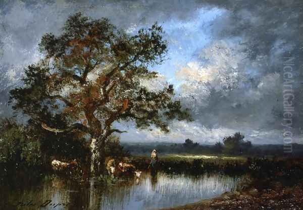 Cows and Cowherd Oil Painting by Jules Dupre