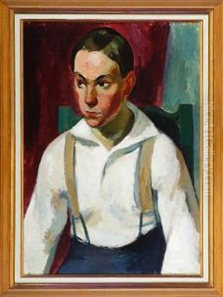 A Portrait Of A Young Man With White Shirt. Signed Oil Painting by Nils Nilsson