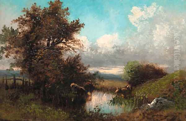 Cattle watering in a stream Oil Painting by Jules Dupre