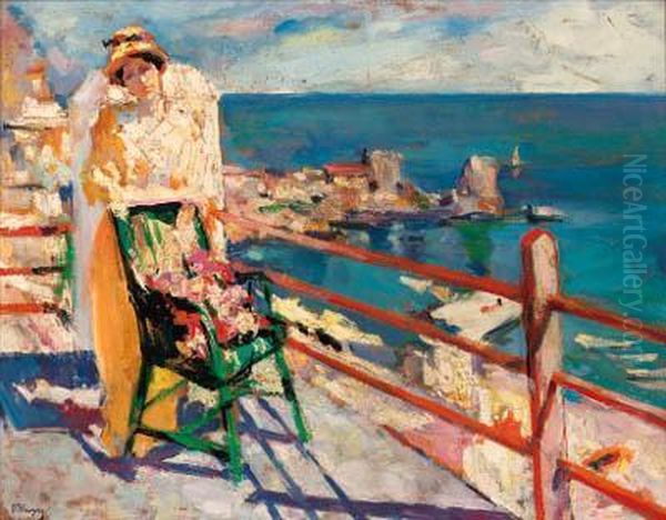 A Girl On A Terrace Overlooking The Sea Oil Painting by Petr Alexandrovich Nilus