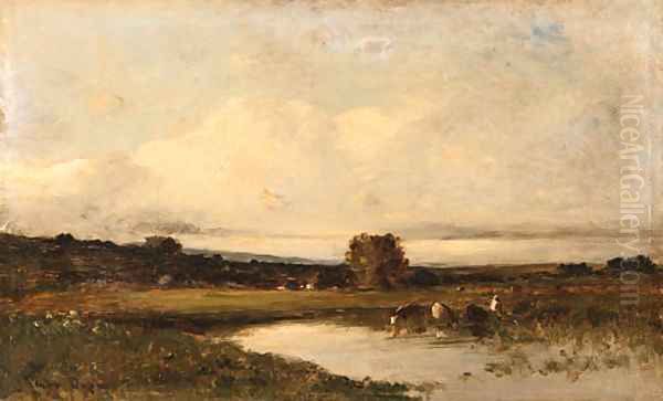 Cows and peasants by a river Oil Painting by Jules Dupre