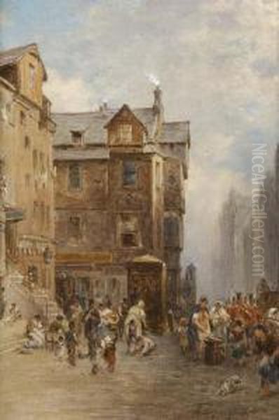 A Busy View Of The Royal Mile, Edinburgh Oil Painting by Pollok Sinclair Nisbet