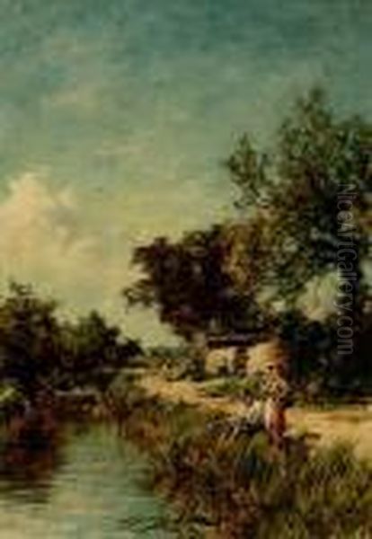 Fishing The Burn Oil Painting by Pollok Sinclair Nisbet