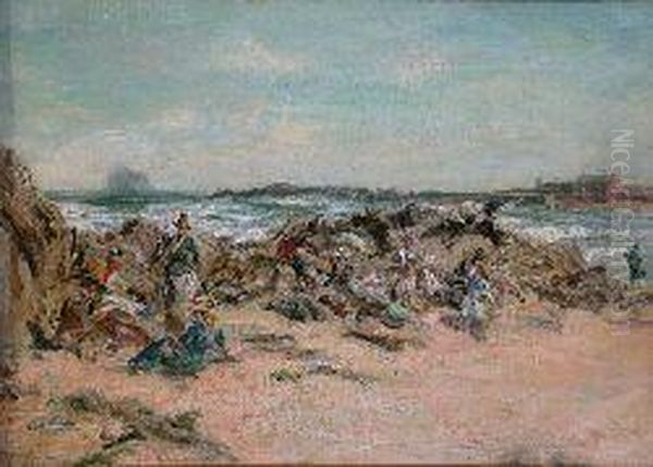 Picnic On The Beach, North Berwick, The Bass Rock In Thedistance Oil Painting by Pollok Sinclair Nisbet