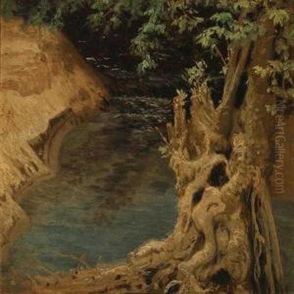 River Bank With A Gnarled Tree At Dust Oil Painting by Thorvald Simeon Niss