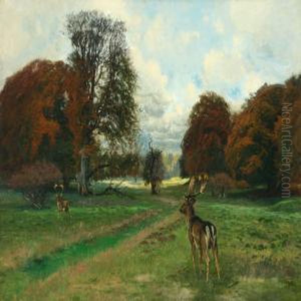 Scenery With Two Fallow Bucks At Fall In Dyrehaven Oil Painting by Thorvald Simeon Niss