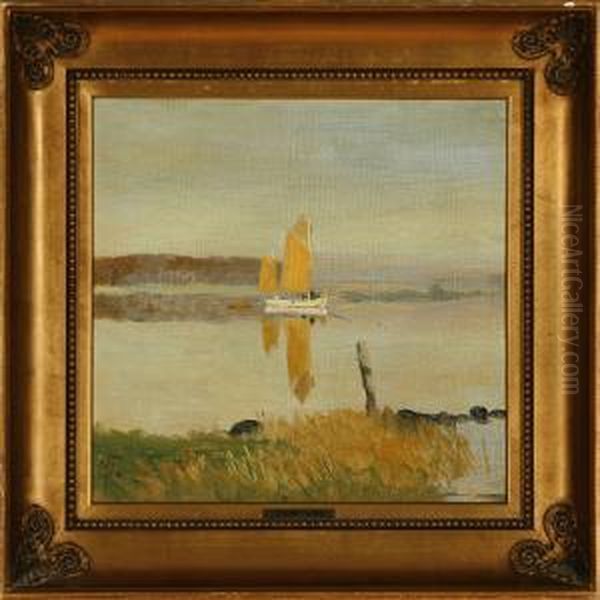 Inlet Scenery With A Sailing Boat On Calm Water Oil Painting by Thorvald Simeon Niss