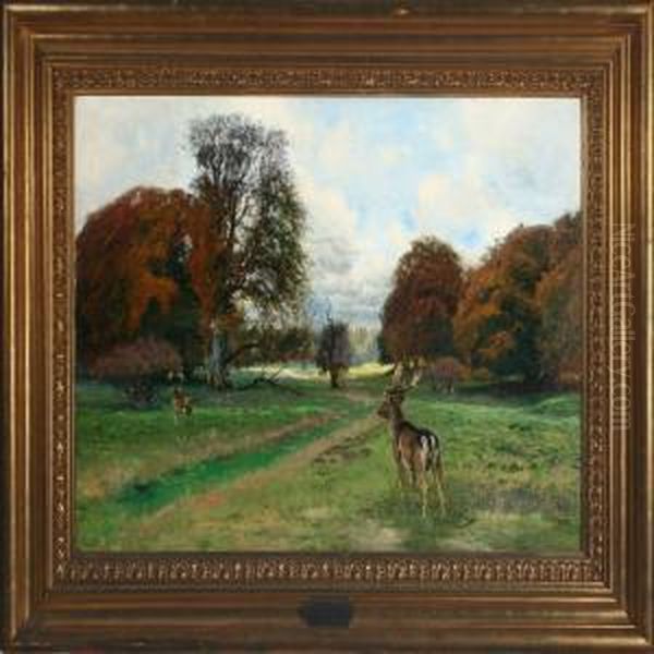 Scenery With Two Deers At Fall In Dyrehaven Oil Painting by Thorvald Simeon Niss