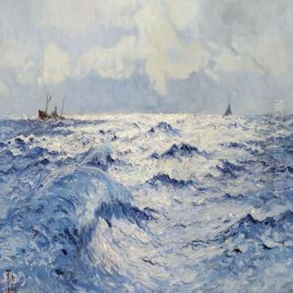 Seascape With Ships In Aheavy Sea Oil Painting by Thorvald Simeon Niss