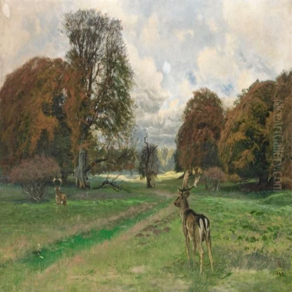 Scenery With Two Deersat The Fall In Dyrehaven Oil Painting by Thorvald Simeon Niss