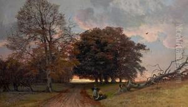 Two Women Resting By The Side Of The Road, Evening. Signed Monogram 1879 Oil Painting by Thorvald Simeon Niss