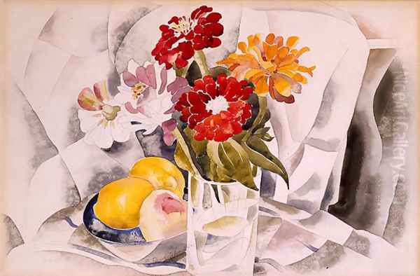 Zinnias and a Blue Dish with Lemons Oil Painting by Charles Demuth