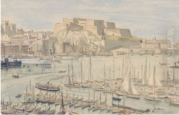 Steam Yachts And Other Shipping In A Continental Harbour Oil Painting by Job Nixon