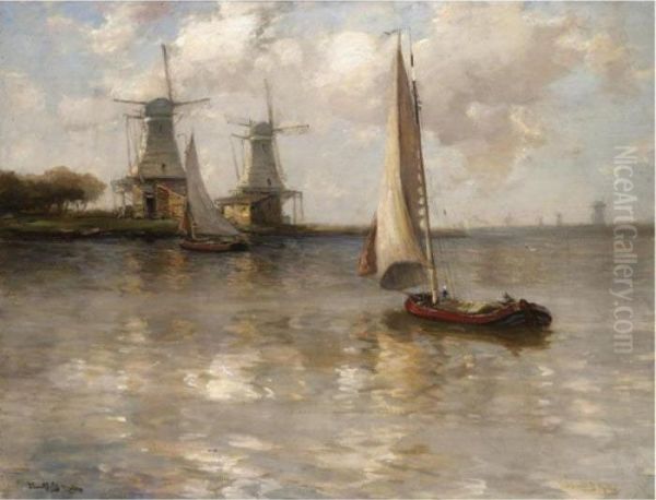 A Dutch Waterway Oil Painting by James Campbell Noble