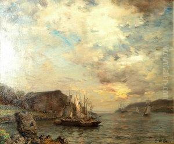 Shipping In An Estuary At Sunset Oil Painting by James Campbell Noble