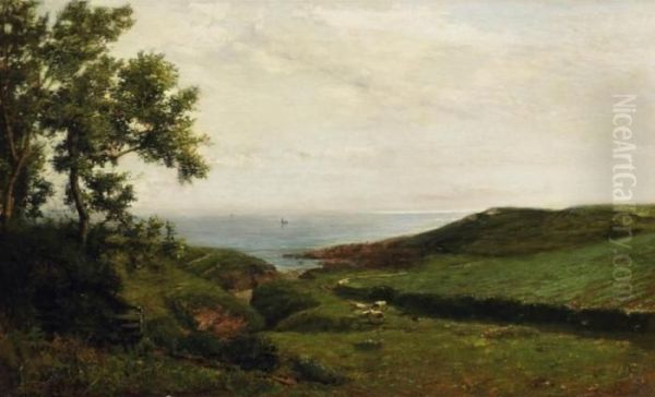 Scottish Coastal Landscape With Cows On The Meadows Oil Painting by James Campbell Noble