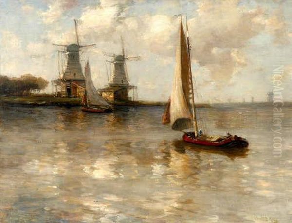 Rsa 'a Dutch Waterway' Oil On Canvas, 71x91.5cm, Signed Oil Painting by James Campbell Noble