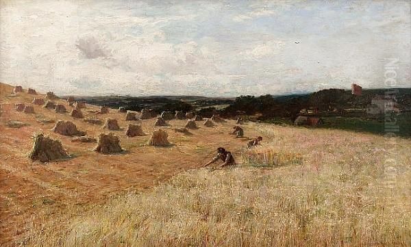 Harvesting, Possibly Dirleton Castle Behind Oil Painting by James Campbell Noble