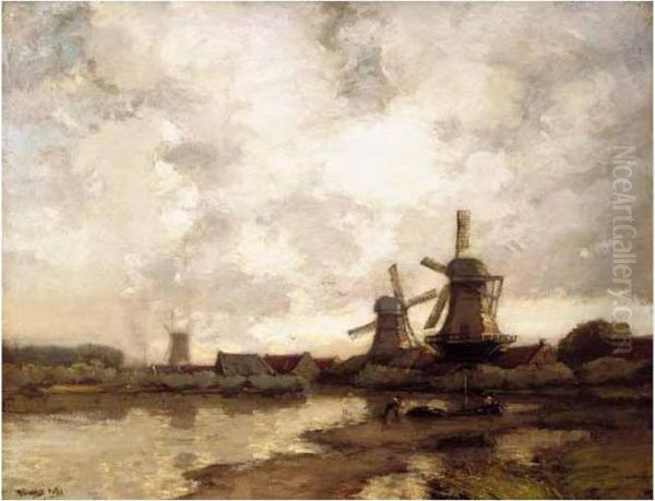 A Dutch Village With Windmills Oil Painting by James Campbell Noble