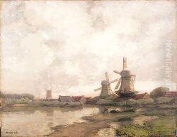 A Dutch Waterway Oil Painting by James Campbell Noble