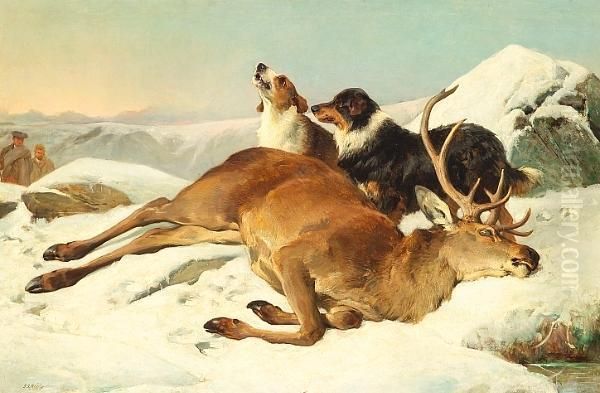 An Extensive Scottish Winter 
Landscape With A Dead Stag, Two Hounds And Figures Approaching Oil Painting by John Sargent Noble